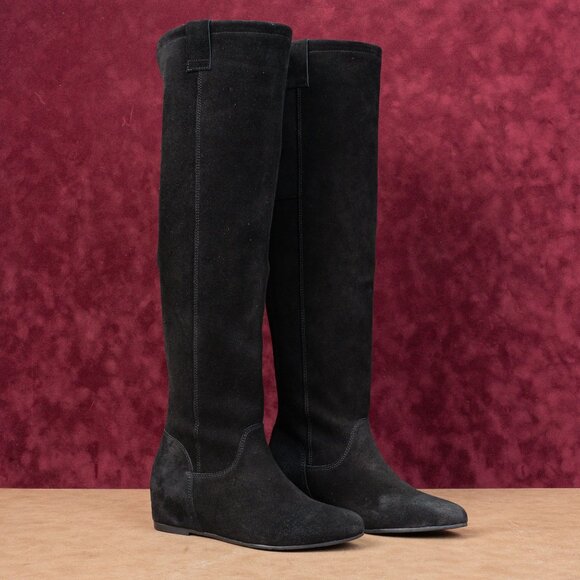 ZIGIny Women Black Suede Riding Slip-on Wedge Heel OTK Fashion Boots sz 7 - Picture 1 of 9